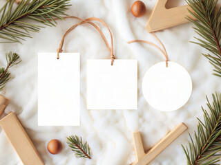 Christmas Tag Mockup with Pine Branches and Wood Decor