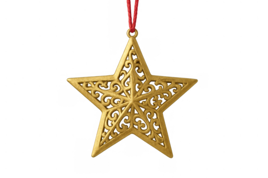 Gold filigree star ornament hanging on a red string. Perfect for christmas, new year, and winter holiday designs. Transparent background