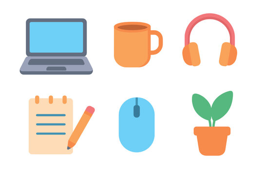 Office workspace essentials for productivity and creativity. Set of 6 vector illustration