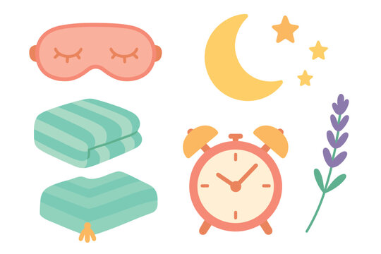 Sleep essentials for relaxation and restful nights with lavender. Set of 6 vector illustration