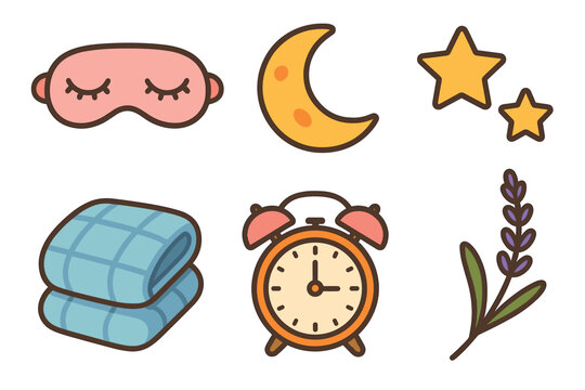 Sleep essentials for a restful night with soothing lavender and stars. Set of 6 vector illustration