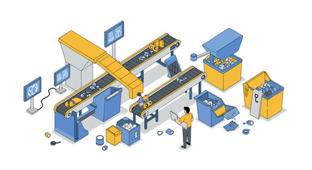 Obraz premium Automated recycling plant with conveyors and worker in isometric style