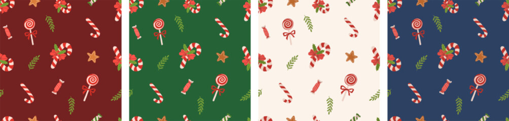 Set of cute Christmas festive seamless pattern with candy, lollipops, and gingerbread on diffirent color background. Xmas vector illustration