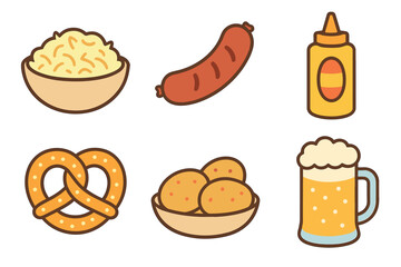 Tasty snacks and drinks for a fun gathering or celebration. Set of 6 vector illustration