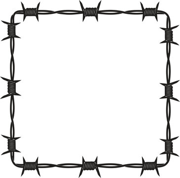 Square frame made of barbed wire with sharp spikes on a white background