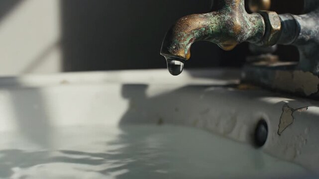 Dripping Faucet Creates Splashing Water in Sink - Close-Up Slow Motion