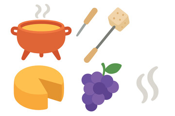 Cheese fondue celebration with pot and fresh grapes for gathering. Set of 6 vector illustration