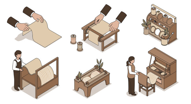 Handmade paper crafting techniques illustrated in isometric style