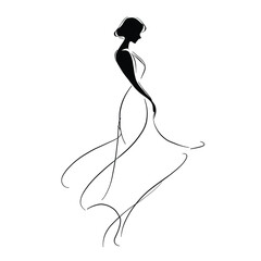 Elegant hand drawn vector illustration of a woman in a flowing dress, created in minimalist line art style, perfect for fashion, design, and branding projects