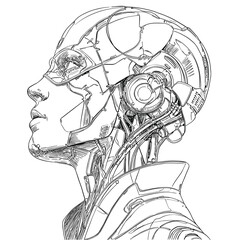 Detailed hand-drawn vector of futuristic humanoid cyborg in profile, symbolizing AI, technology, and the link between human and machine