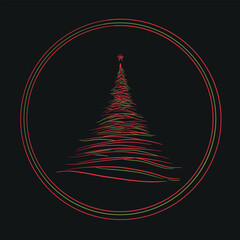 Modern hand drawn vector illustration of a Christmas tree made with red and green lines inside a circle, perfect for holiday cards, posters, and festive design projects