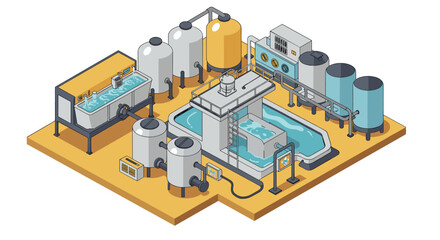 Obraz premium Isometric industrial water treatment plant with tanks and pipelines on yellow platform