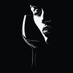 Stylish black and white vector of a woman face close to wine glass, minimalist elegant composition for modern art, luxury branding and design
