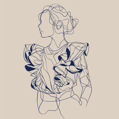 Minimalist vector illustration of a stylish woman in a ruffled blouse, drawn in continuous line art style with blue contour lines. Modern fashion artwork ideal for editorial design, branding, posters