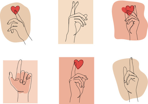 Minimalist hand gestures with red heart symbols, love and care concept, emotional connection, romantic expression, modern vector illustration for stock content