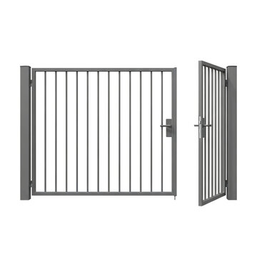 Gray metal security gate with one door ajar and a closed door, cutout, PNG isolated on white or transparent background