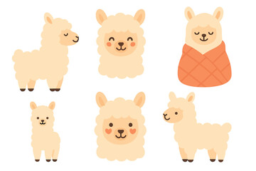 Naklejka premium Cute llamas in cozy poses for fun designs and decorations. Set of 6 vector illustration