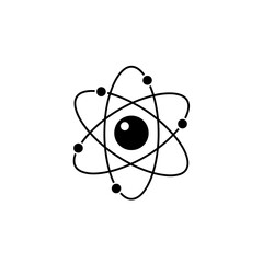 Classic black icon of a stylized atom, featuring electrons orbiting a nucleus in a simple, recognizable science symbol