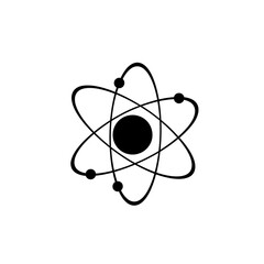 Simplified black symbol for science and technology, depicting the atom model with electrons and nucleus in bold line art