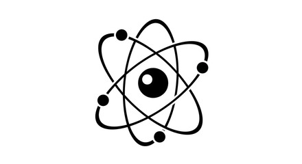 Solid black physics icon representing atomic structure, with three intersecting orbits around a central nucleus on white