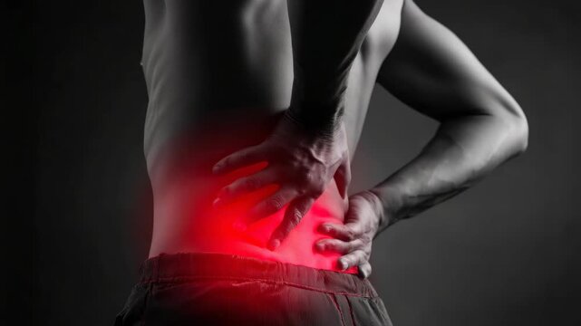 Caucasian male adult with lower back pain highlighted in red gradient