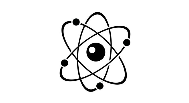Solid black physics icon representing atomic structure, with three intersecting orbits around a central nucleus on white