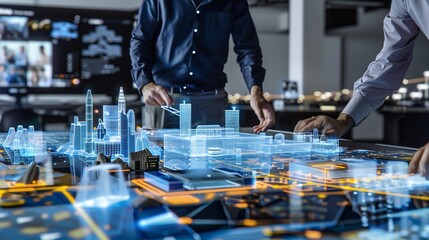 Two people at table reviewing a holographic city model with detailed digital projections