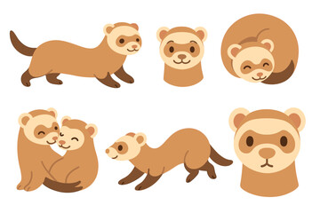Cute ferrets in various playful poses for fun art design. Set of 6 vector illustration