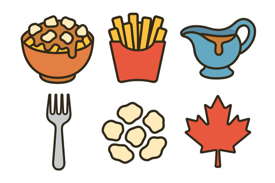 Delicious Canadian dishes including poutine and maple syrup. Set of 6 vector illustration