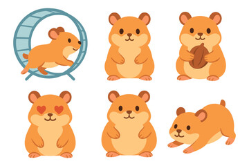 Fototapeta premium Cute hamsters engaging in playful activities and expressions. Set of 6 vector illustration