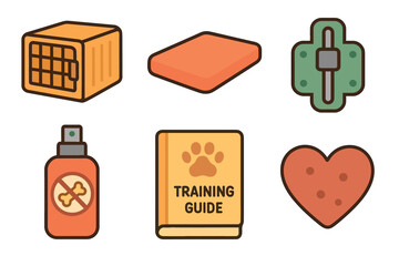 Pet training essentials for effective and enjoyable sessions. Set of 6 vector illustration