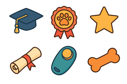 Fun symbols for pet achievement and education themes. Set of 6 vector illustration