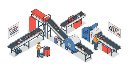 Obraz premium Isometric factory conveyor system with recycling process and workers