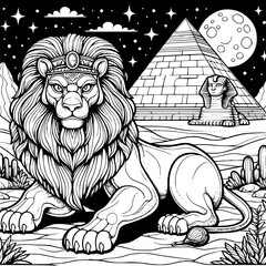 Fototapeta premium Mythical Sphinx Coloring Page for Kids – Desert Fantasy Illustration in Black and White