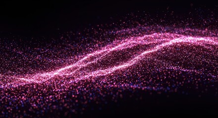 Glowing pink particle streams undulate across a dark background creating an abstract wave