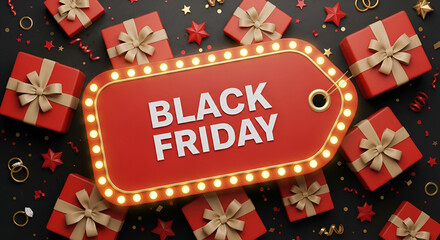A lively Black Friday tag design featuring gifts and vibrant colors, ideal for holiday shopping promotions.