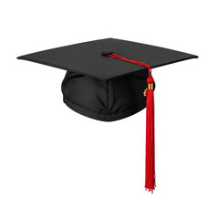 Black graduation cap with red tassel and gold accent detail, cutout, PNG isolated on white or transparent background
