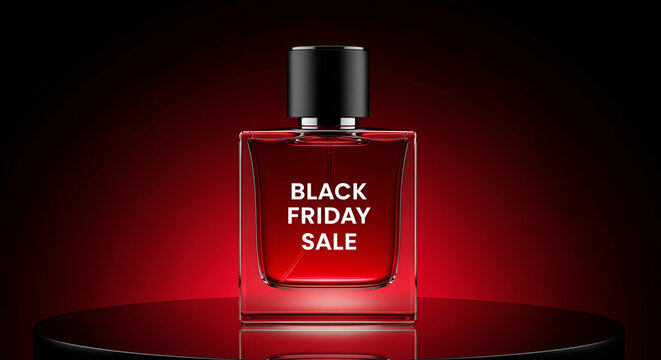 Promotional display of perfume bottle highlighting Black Friday sale under dramatic lighting