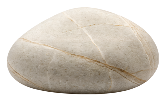 Smooth light-colored natural river stone pebble, isolated on white background, highlighting subtle striations and serene organic texture, ideal for tranquil, minimalist design projects