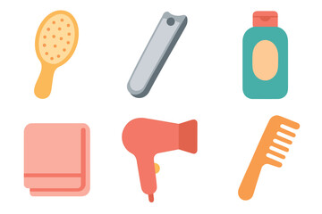 Essential hair care tools for daily grooming routine. Set of 6 vector illustration