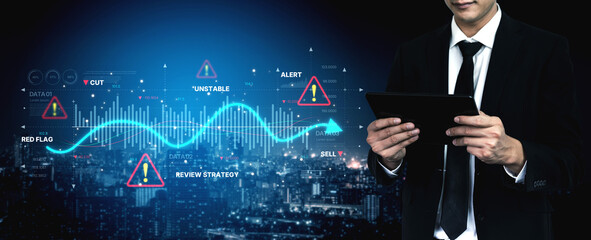 Economic caution visual showing risk alerts and financial volatility. Warning signs highlight...