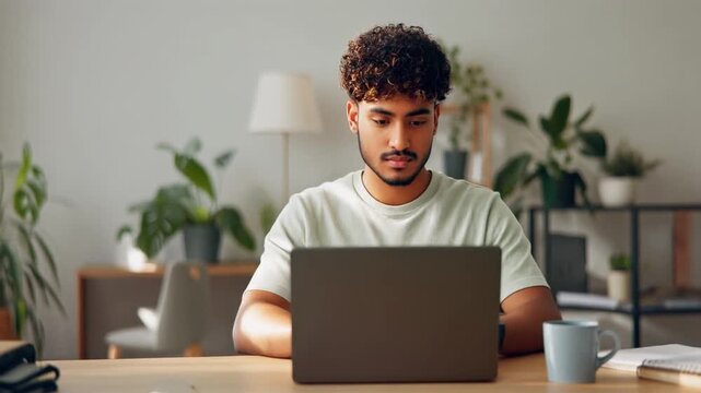 Young man working from home on laptop, focused and productive, with coffee and plants in the background