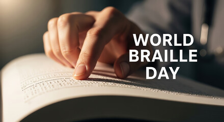 World Braille Day celebration features a hand reading text in braille, highlighting accessibility and inclusion.