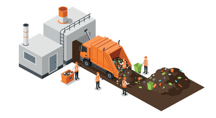 Fototapeta premium Isometric waste management scene with garbage truck at recycling facility