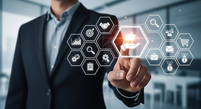 Businessman touching a digital interface with business icons