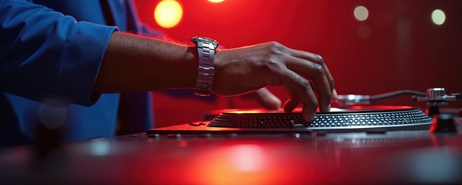 Black man DJs music at night club using turntable. Hand close up on vinyl record player mixing tunes. Nightlife entertainment atmosphere creates party vibe. Musical performance