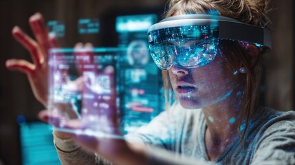Woman wearing futuristic VR headset interacting with holographic digital interface display in immersive virtual reality experience with glowing blue technology elements