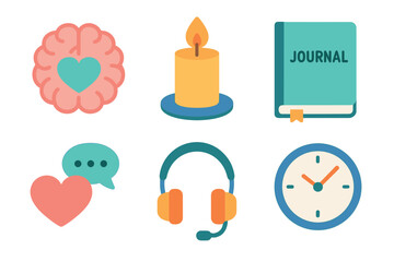 Fototapeta premium Mindfulness practices for stress relief and personal growth tools. Set of 6 vector illustration