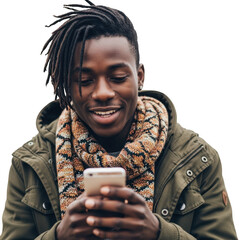 Young black man with dreadlocks using smartphone isolated on transparent background