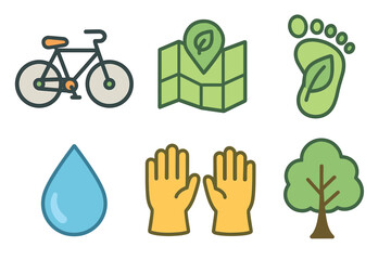 Sustainable lifestyle symbols for eco friendly living and travel. Set of 6 vector illustration